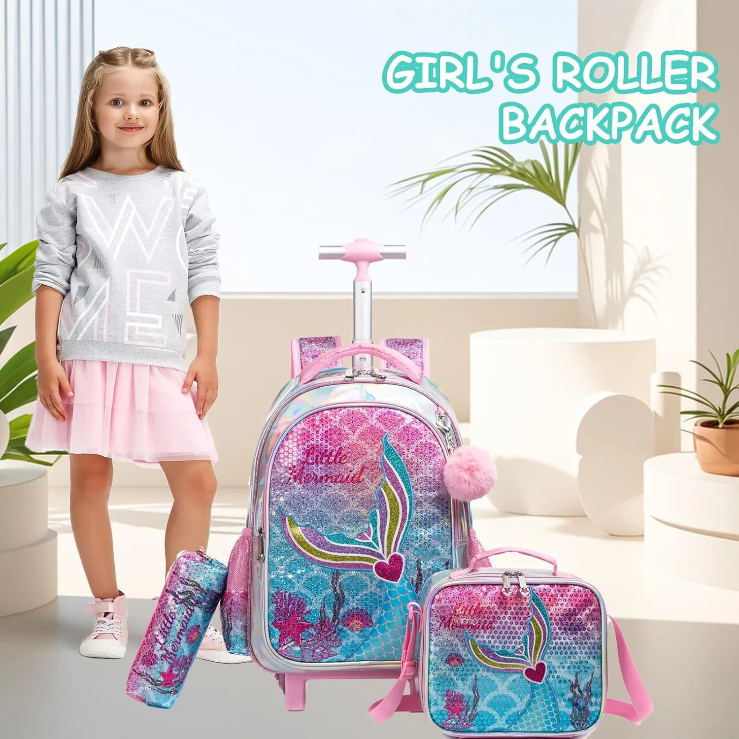 Egchescebo Kids Rolling Backpack for Girls With Wheels School Bags Elementary (5315-meirenyu-Rose)