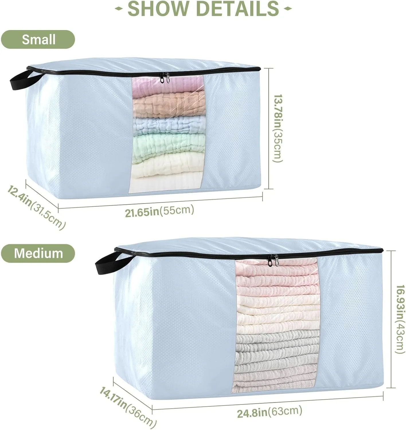 Elegant Light Blue Zipper Storage Bags for Organizing, Quilt Storage Bags, Zippered Storage Bags with Handles