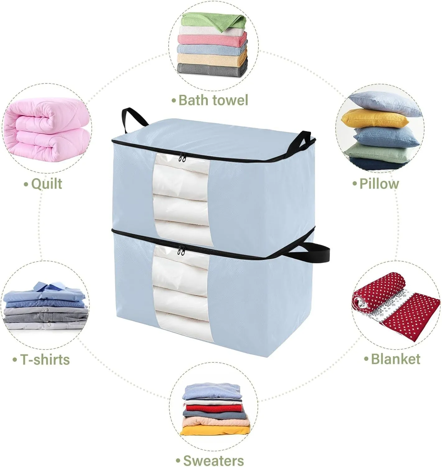 Elegant Light Blue Zipper Storage Bags for Organizing, Quilt Storage Bags, Zippered Storage Bags with Handles