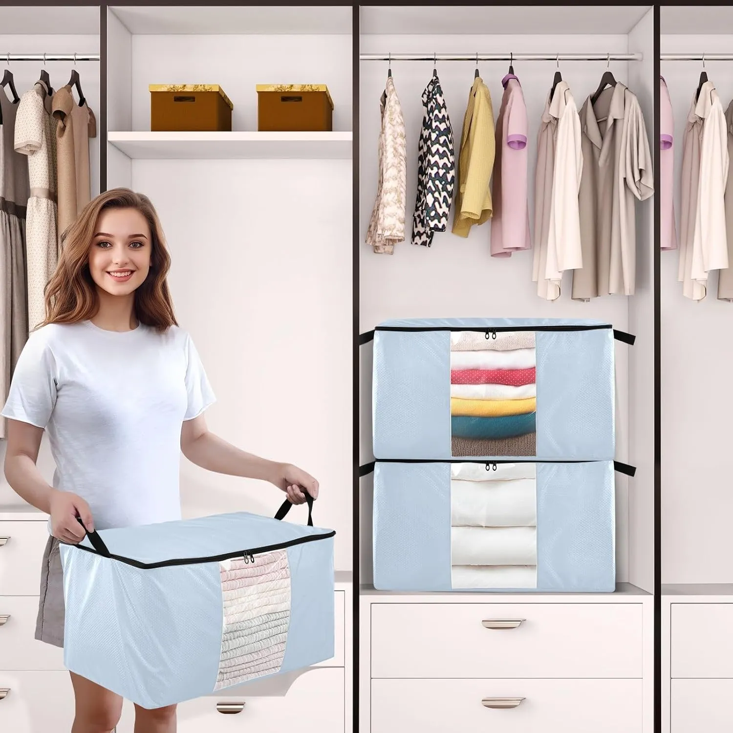 Elegant Light Blue Zipper Storage Bags for Organizing, Quilt Storage Bags, Zippered Storage Bags with Handles