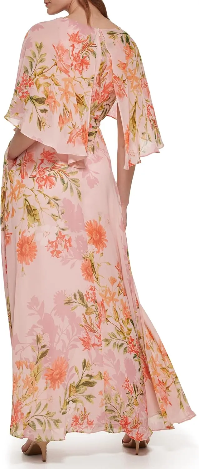 Eliza J Women's Maxi Style Caplet Chiffon Elbow Sleeve Jewel Neck Dress