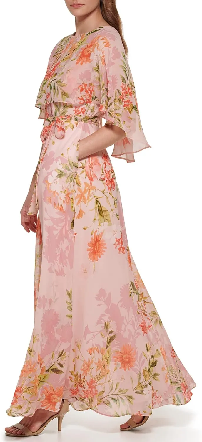 Eliza J Women's Maxi Style Caplet Chiffon Elbow Sleeve Jewel Neck Dress