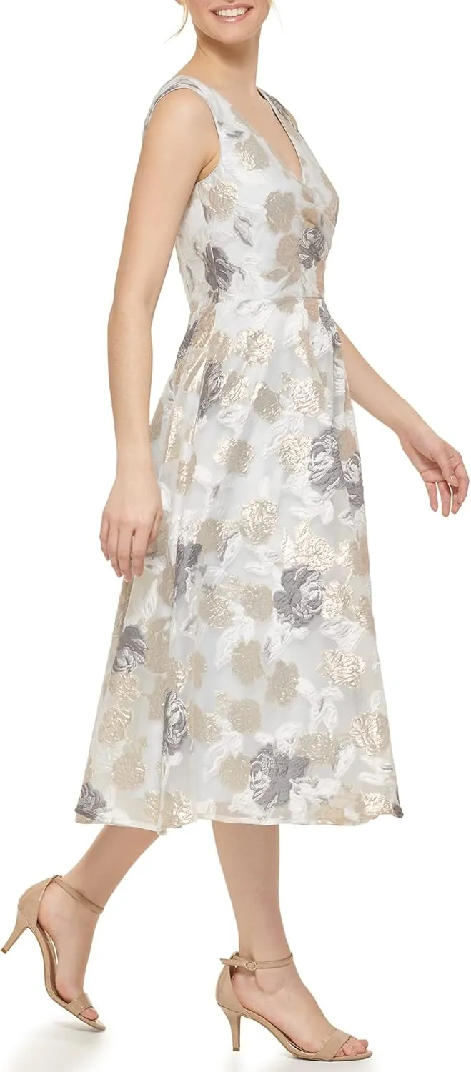 Eliza J Women's Midi Style Floral Organza Sleeveless V-Neck Dress