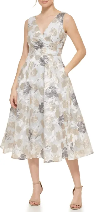 Eliza J Women's Midi Style Floral Organza Sleeveless V-Neck Dress