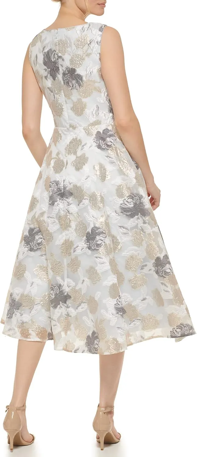 Eliza J Women's Midi Style Floral Organza Sleeveless V-Neck Dress