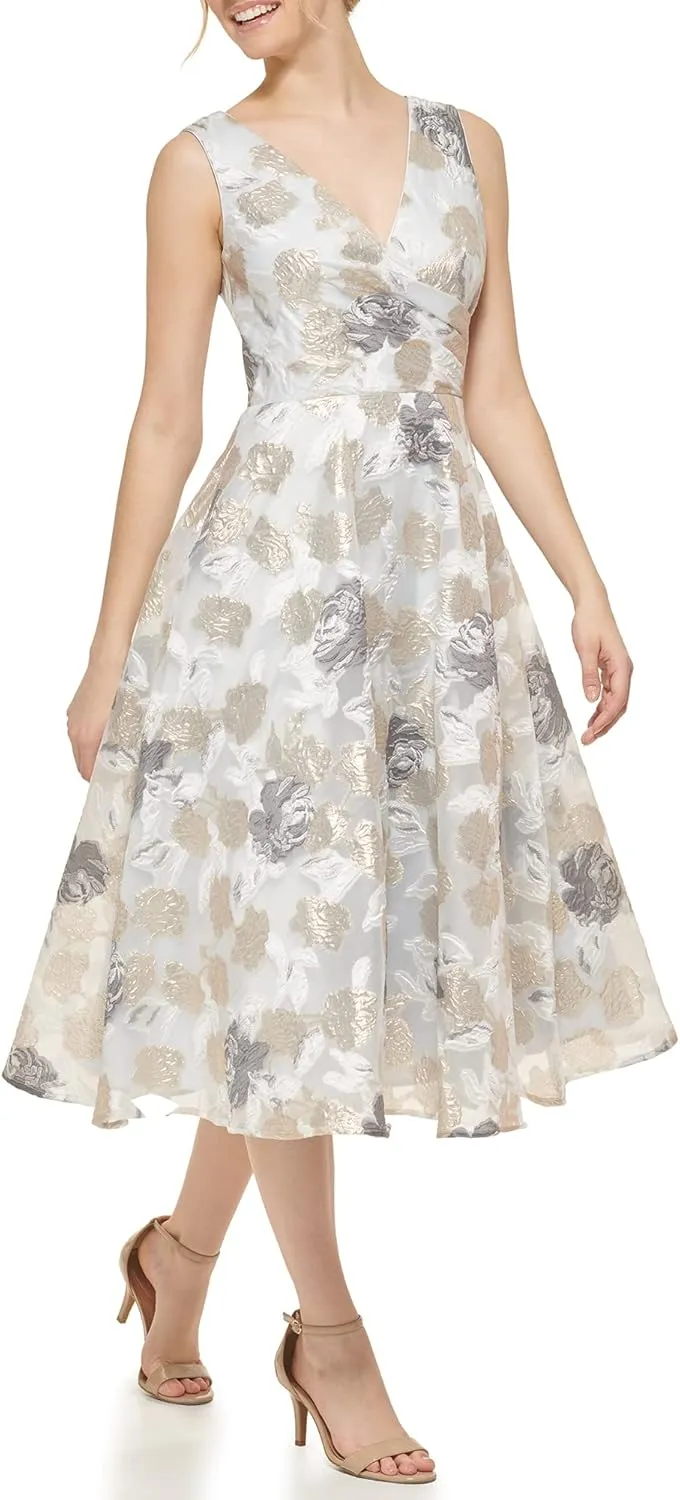 Eliza J Women's Midi Style Floral Organza Sleeveless V-Neck Dress