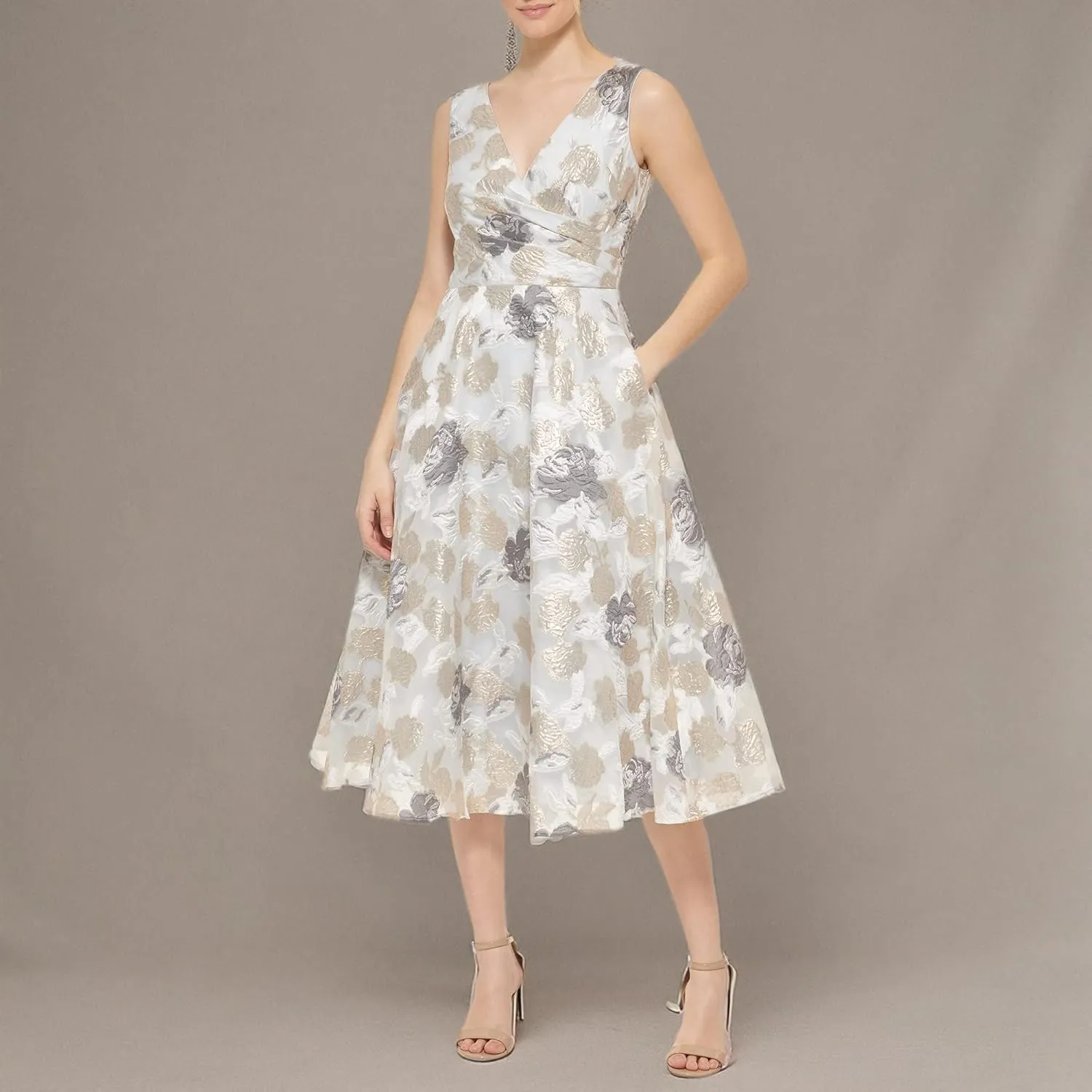 Eliza J Women's Midi Style Floral Organza Sleeveless V-Neck Dress