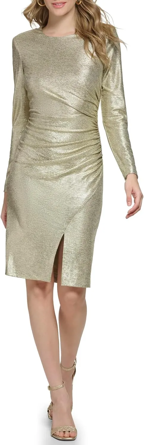 Eliza J Women's Style Metallic Knit Long Sleeve Jewel Neck Dress