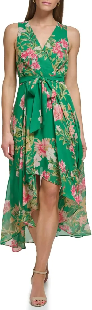 Eliza J Women's Surplus Hi Lo Maxi Style Printed Chiffon Sleeveless Vneck Floral Dress