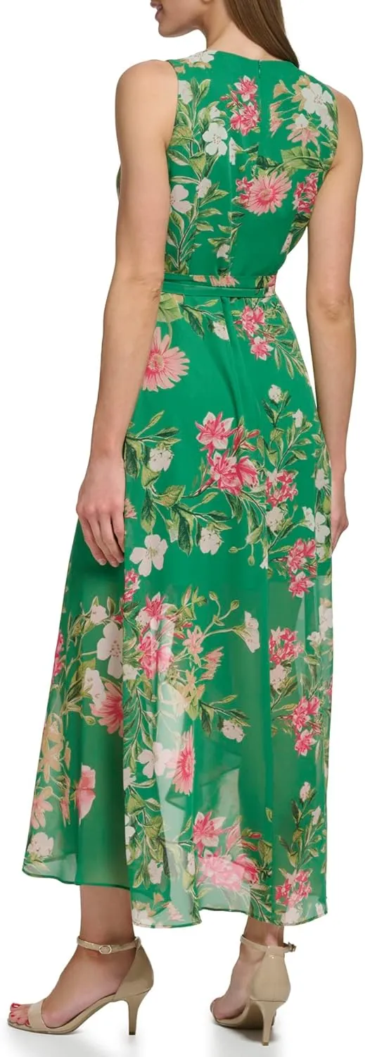 Eliza J Women's Surplus Hi Lo Maxi Style Printed Chiffon Sleeveless Vneck Floral Dress