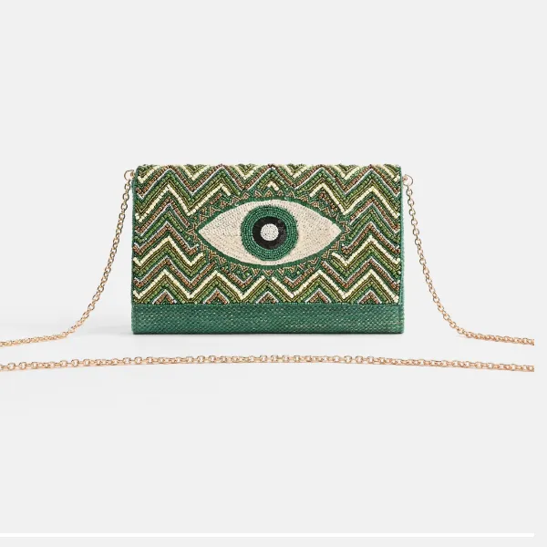 Emerald Eye Embellished Flap Clutch