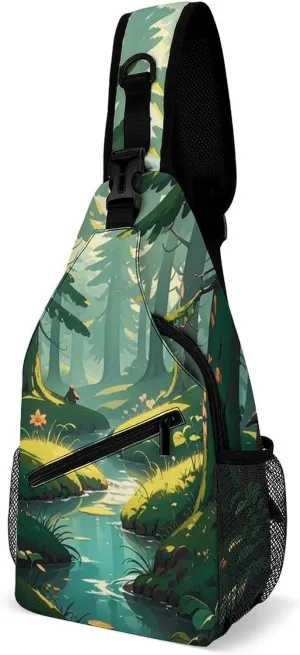 Enchanted Wilderness Fantasy on Dark Green Sling Bag Crossbody Chest Bags Hiking Backpack Shoulder Backpack For Women Men Travel