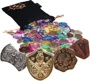ENHANCE Tabletop Treasure Token Set - 40 Metal MTG Tokens (x10 Each Design) with Acrylic Assorted Gems (40 ) and Drawstring Pouch, Counters for RPG Games - MTG Counters, DND Coins for Tabletop Games