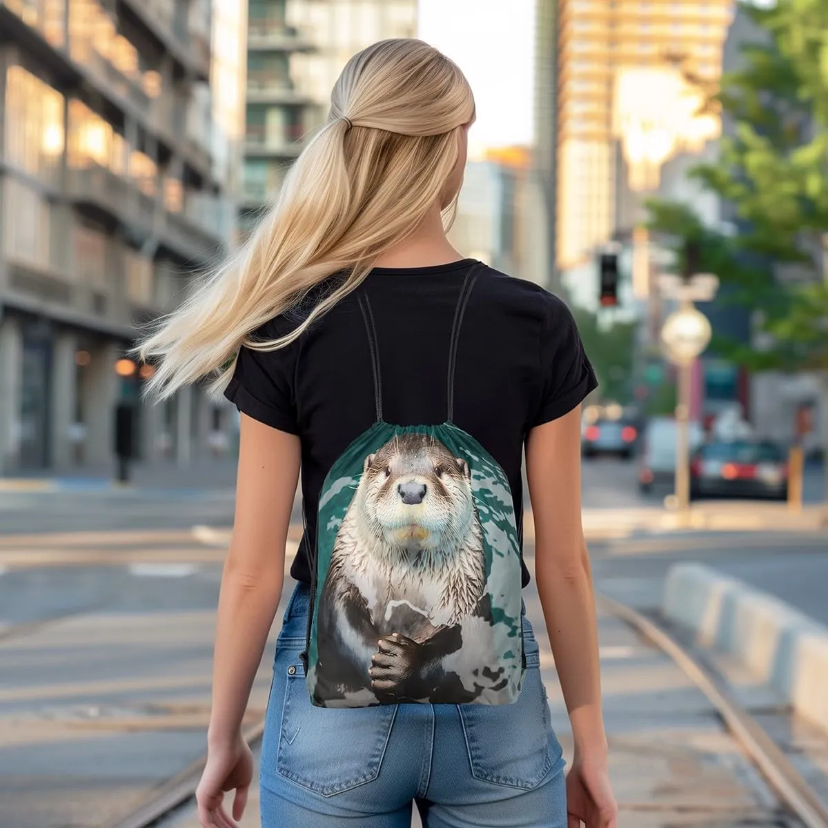 Erosebridal 3D Animal Otter Drawstring Backpack 13x15.7 for Sport,Wild Animal Drawstring Bags,Sea Otter Draw String Back Bag,Otter Swimming String Backpack