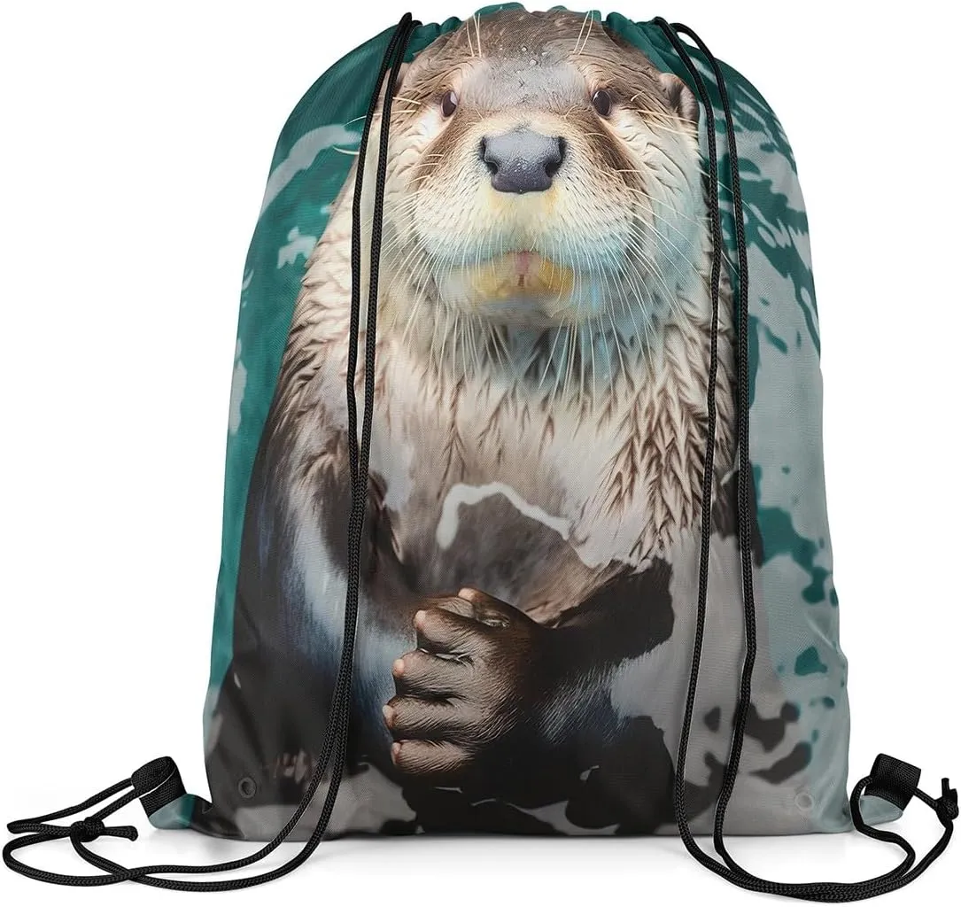 Erosebridal 3D Animal Otter Drawstring Backpack 13x15.7 for Sport,Wild Animal Drawstring Bags,Sea Otter Draw String Back Bag,Otter Swimming String Backpack