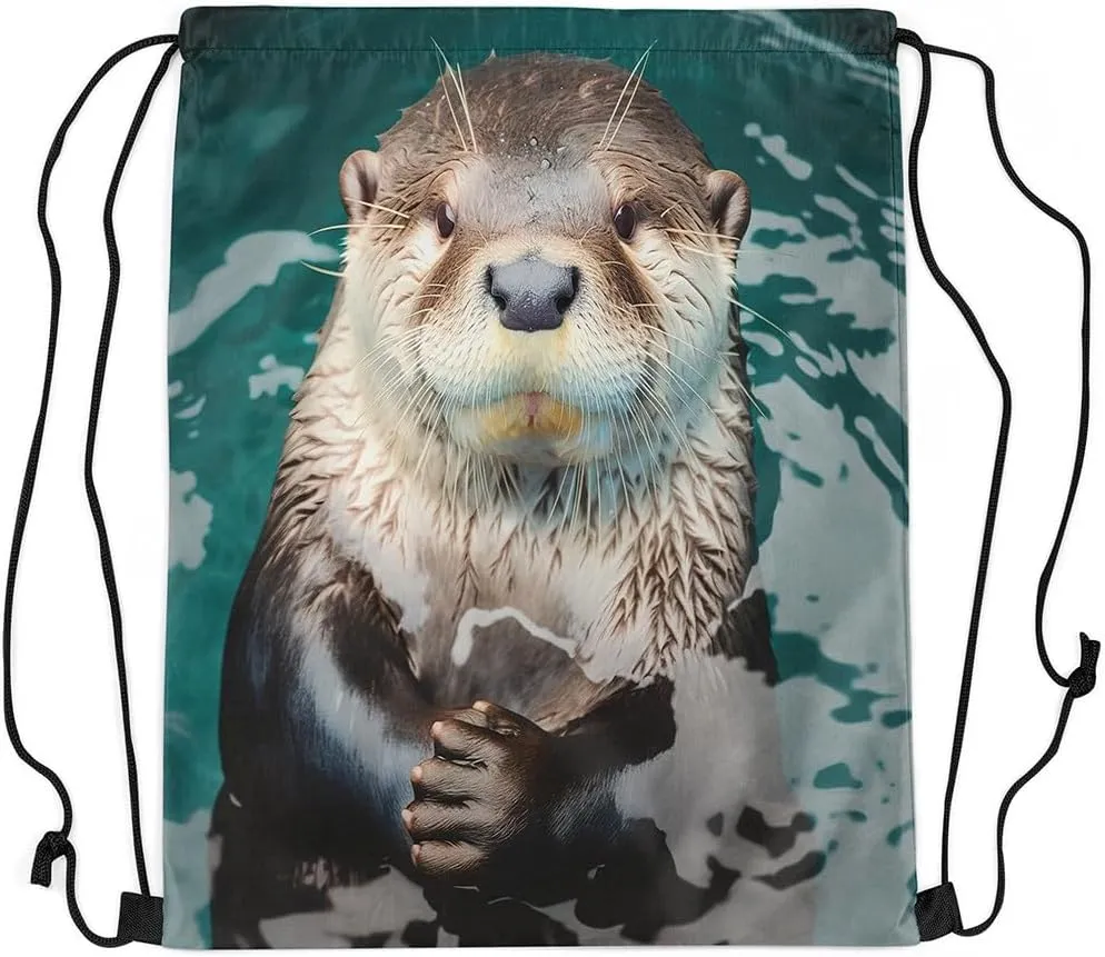 Erosebridal 3D Animal Otter Drawstring Backpack 13x15.7 for Sport,Wild Animal Drawstring Bags,Sea Otter Draw String Back Bag,Otter Swimming String Backpack