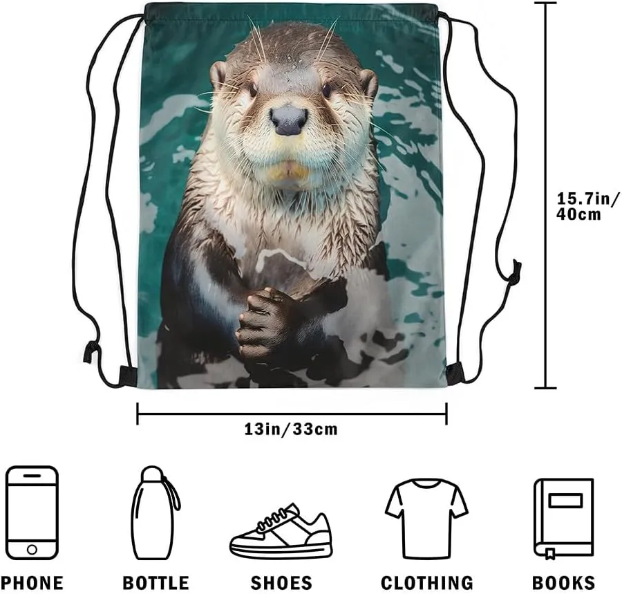 Erosebridal 3D Animal Otter Drawstring Backpack 13x15.7 for Sport,Wild Animal Drawstring Bags,Sea Otter Draw String Back Bag,Otter Swimming String Backpack