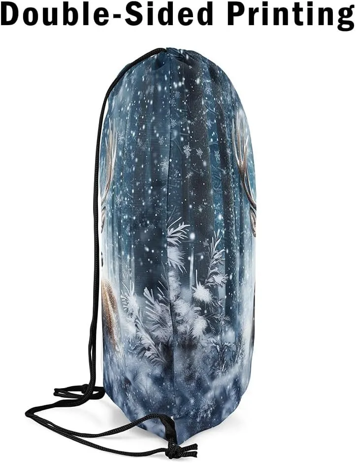Erosebridal 3D Deer Drawstring Backpack 13x15.7, Safari Wild Animal Drawstring Bags, Elk Snowflakes Hunting Reversible Draw String Back Bag For Swim Yoga, Woodland Wildlife String Backpack
