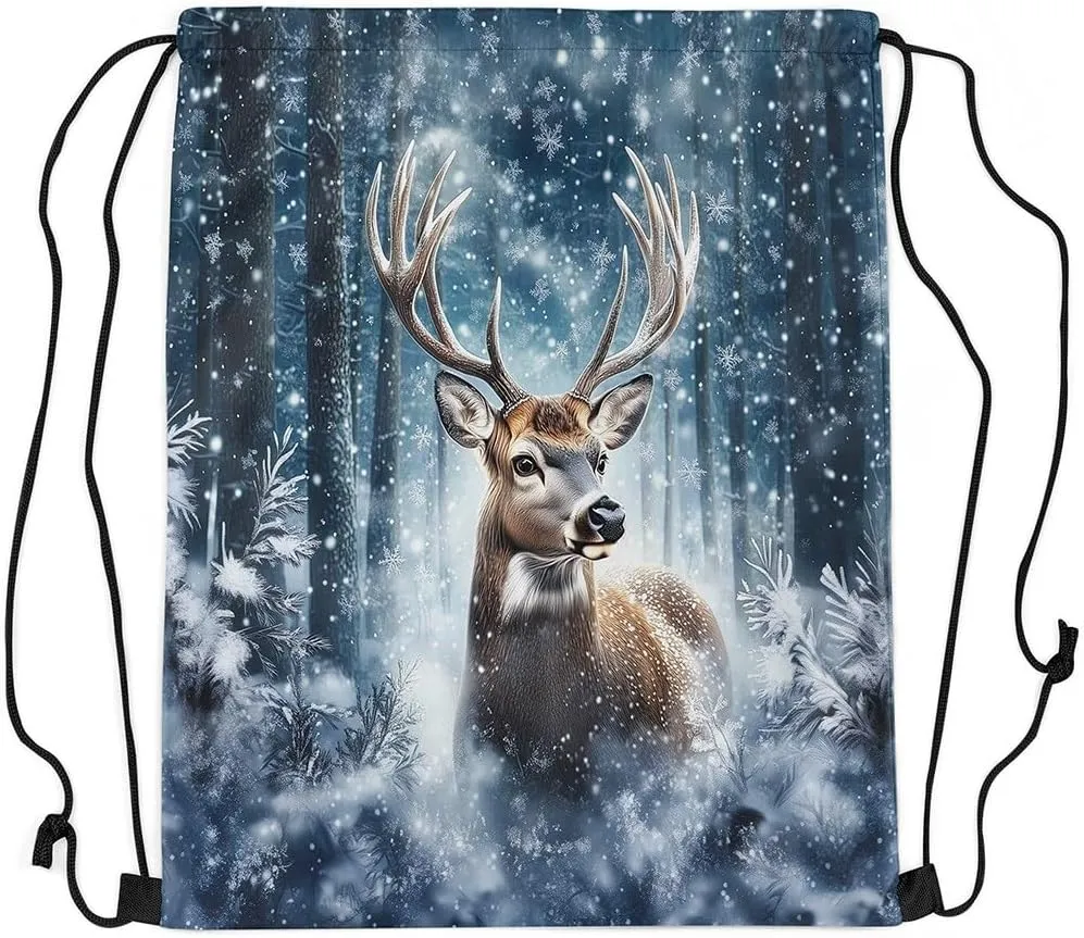Erosebridal 3D Deer Drawstring Backpack 13x15.7, Safari Wild Animal Drawstring Bags, Elk Snowflakes Hunting Reversible Draw String Back Bag For Swim Yoga, Woodland Wildlife String Backpack