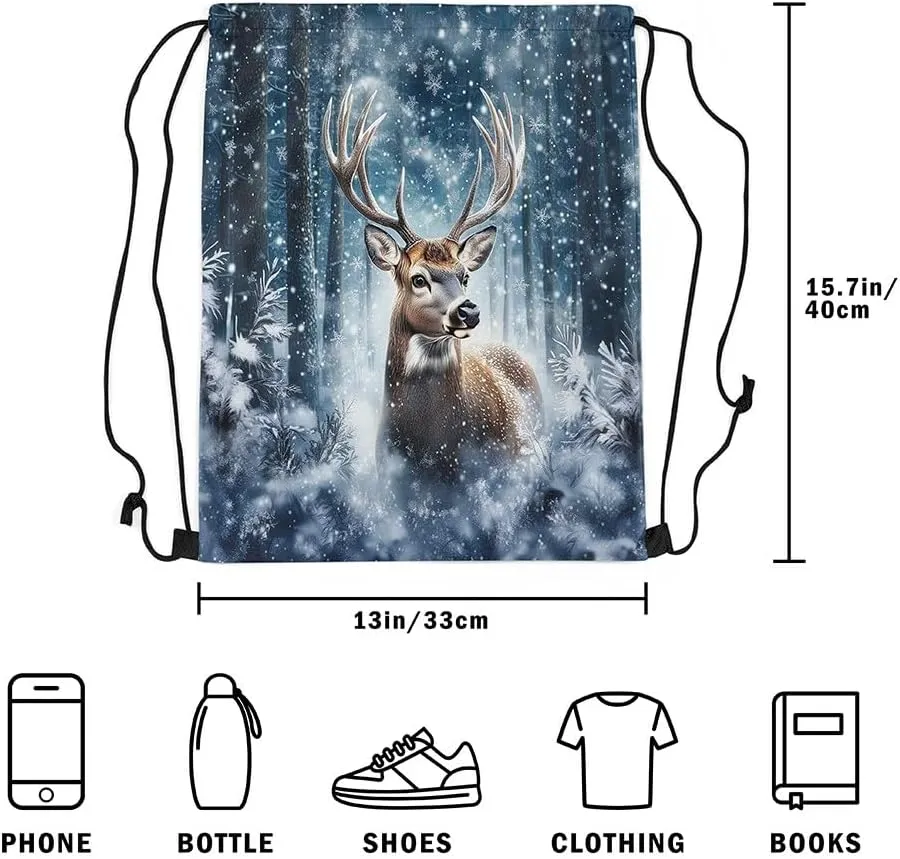 Erosebridal 3D Deer Drawstring Backpack 13x15.7, Safari Wild Animal Drawstring Bags, Elk Snowflakes Hunting Reversible Draw String Back Bag For Swim Yoga, Woodland Wildlife String Backpack