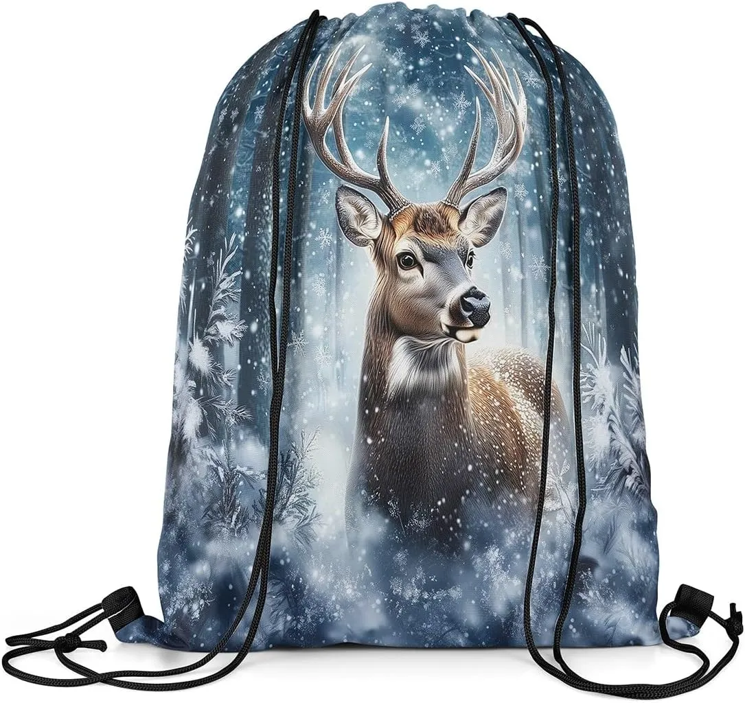 Erosebridal 3D Deer Drawstring Backpack 13x15.7, Safari Wild Animal Drawstring Bags, Elk Snowflakes Hunting Reversible Draw String Back Bag For Swim Yoga, Woodland Wildlife String Backpack