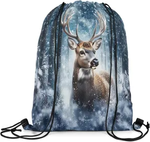 Erosebridal 3D Deer Drawstring Backpack 13x15.7, Safari Wild Animal Drawstring Bags, Elk Snowflakes Hunting Reversible Draw String Back Bag For Swim Yoga, Woodland Wildlife String Backpack