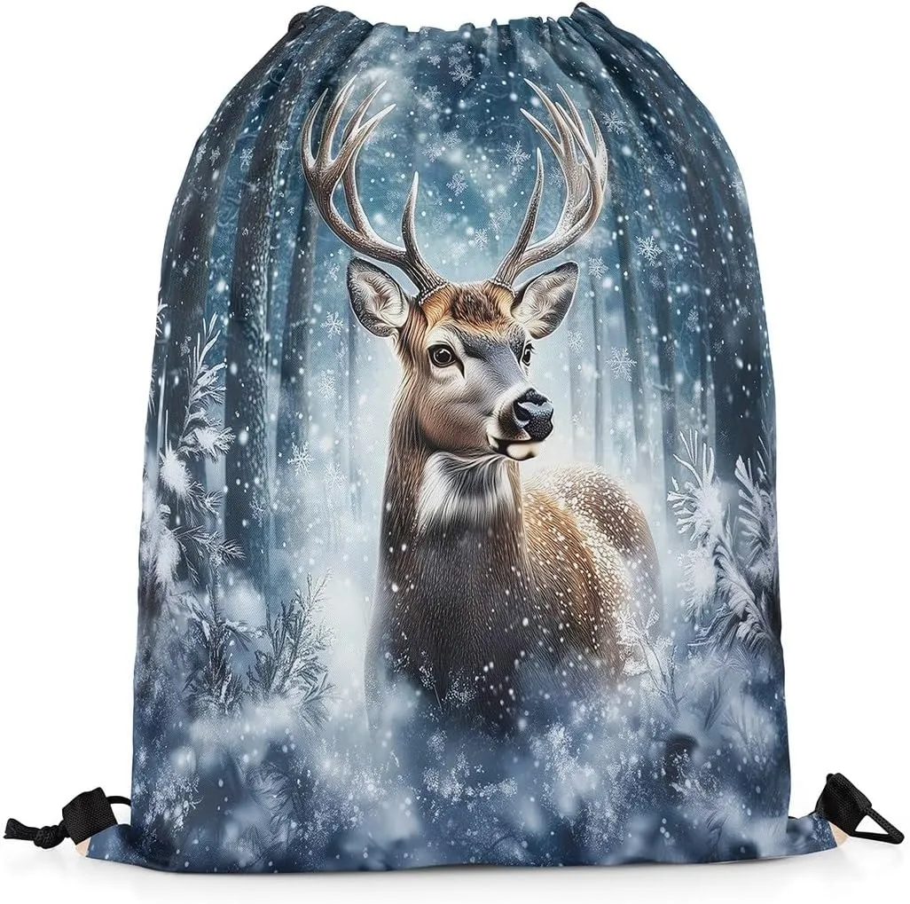 Erosebridal 3D Deer Drawstring Backpack 13x15.7, Safari Wild Animal Drawstring Bags, Elk Snowflakes Hunting Reversible Draw String Back Bag For Swim Yoga, Woodland Wildlife String Backpack