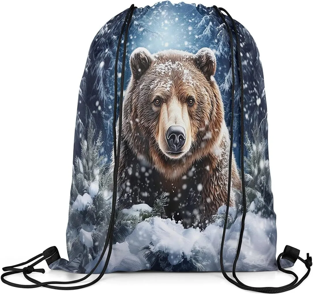 Erosebridal Brown Bear Drawstring Backpack 13x15.7, Wild Animal Drawstring Bags, Woodland Wildlife Foldable Draw String Back Bag For Swim Yoga, Snowflakes Pine Trees Winter String Backpack