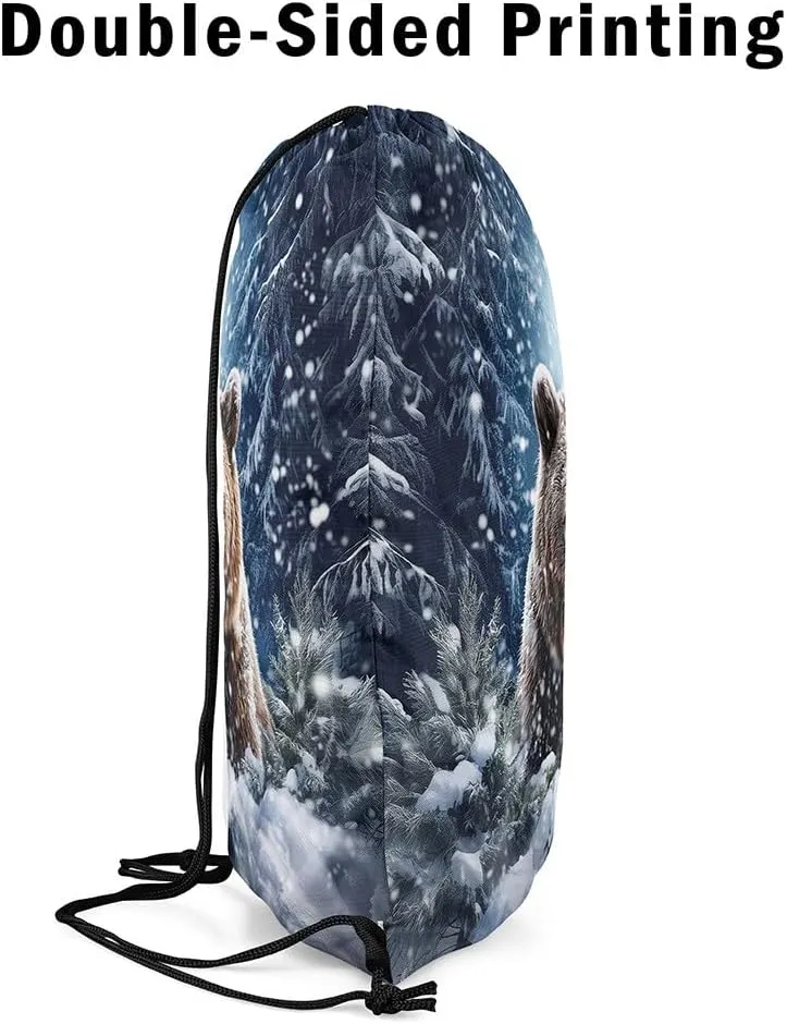 Erosebridal Brown Bear Drawstring Backpack 13x15.7, Wild Animal Drawstring Bags, Woodland Wildlife Foldable Draw String Back Bag For Swim Yoga, Snowflakes Pine Trees Winter String Backpack