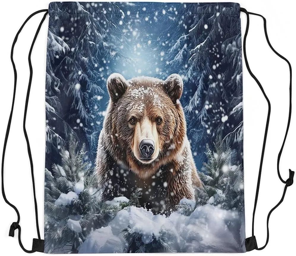 Erosebridal Brown Bear Drawstring Backpack 13x15.7, Wild Animal Drawstring Bags, Woodland Wildlife Foldable Draw String Back Bag For Swim Yoga, Snowflakes Pine Trees Winter String Backpack
