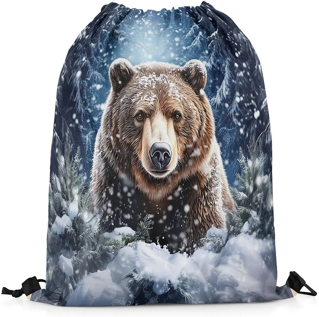 Erosebridal Brown Bear Drawstring Backpack 13x15.7, Wild Animal Drawstring Bags, Woodland Wildlife Foldable Draw String Back Bag For Swim Yoga, Snowflakes Pine Trees Winter String Backpack