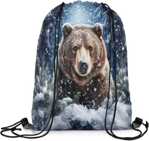 Erosebridal Brown Bear Drawstring Backpack 13x15.7, Wild Animal Drawstring Bags, Woodland Wildlife Foldable Draw String Back Bag For Swim Yoga, Snowflakes Pine Trees Winter String Backpack