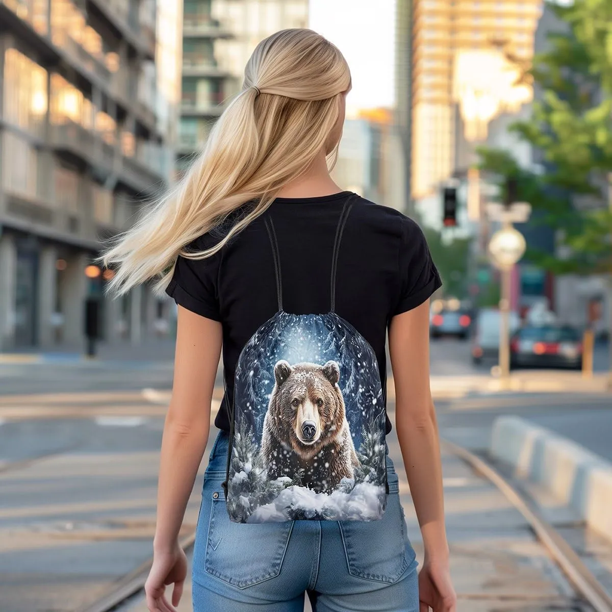 Erosebridal Brown Bear Drawstring Backpack 13x15.7, Wild Animal Drawstring Bags, Woodland Wildlife Foldable Draw String Back Bag For Swim Yoga, Snowflakes Pine Trees Winter String Backpack