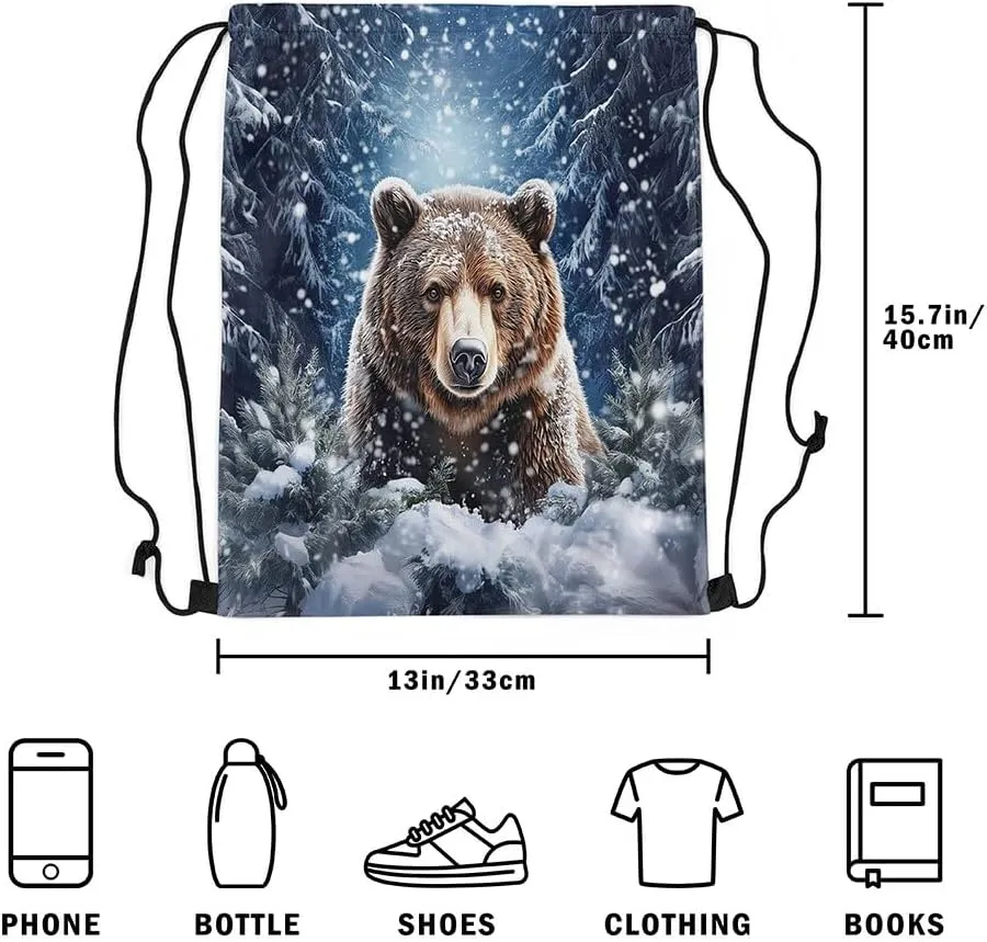 Erosebridal Brown Bear Drawstring Backpack 13x15.7, Wild Animal Drawstring Bags, Woodland Wildlife Foldable Draw String Back Bag For Swim Yoga, Snowflakes Pine Trees Winter String Backpack