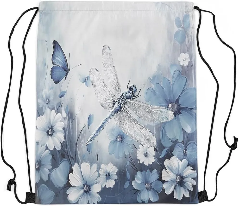 Erosebridal Dragonfly Drawstring Backpack 13x15.7, 3D Animals Flowers Draw String Back Bag, White Blue Insects Printed Reversible Waterproof Drawstring Bags For Swim Yoga, Butterflies String Backpack