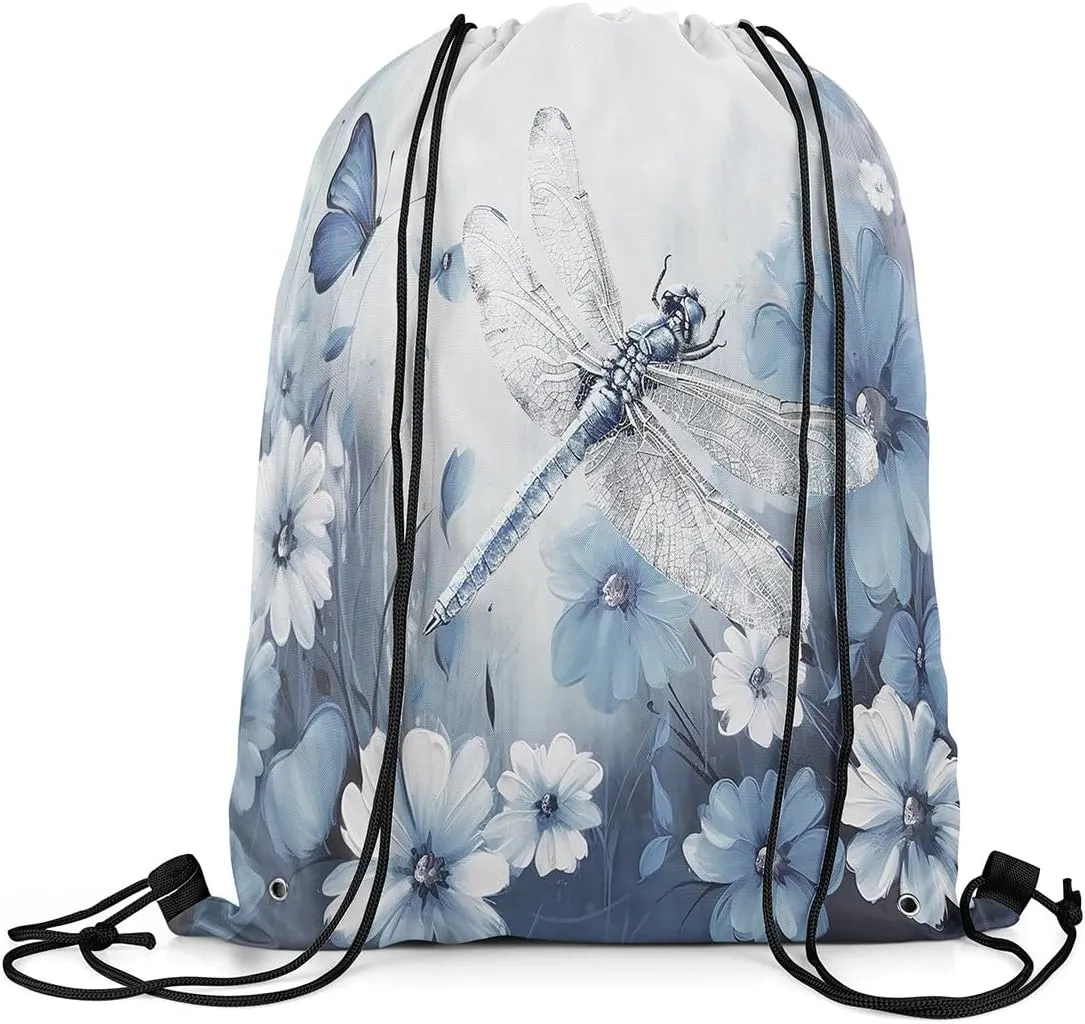 Erosebridal Dragonfly Drawstring Backpack 13x15.7, 3D Animals Flowers Draw String Back Bag, White Blue Insects Printed Reversible Waterproof Drawstring Bags For Swim Yoga, Butterflies String Backpack