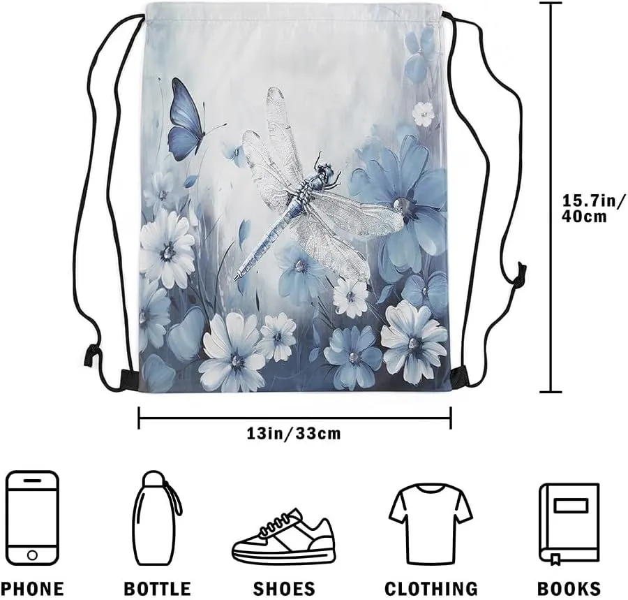 Erosebridal Dragonfly Drawstring Backpack 13x15.7, 3D Animals Flowers Draw String Back Bag, White Blue Insects Printed Reversible Waterproof Drawstring Bags For Swim Yoga, Butterflies String Backpack