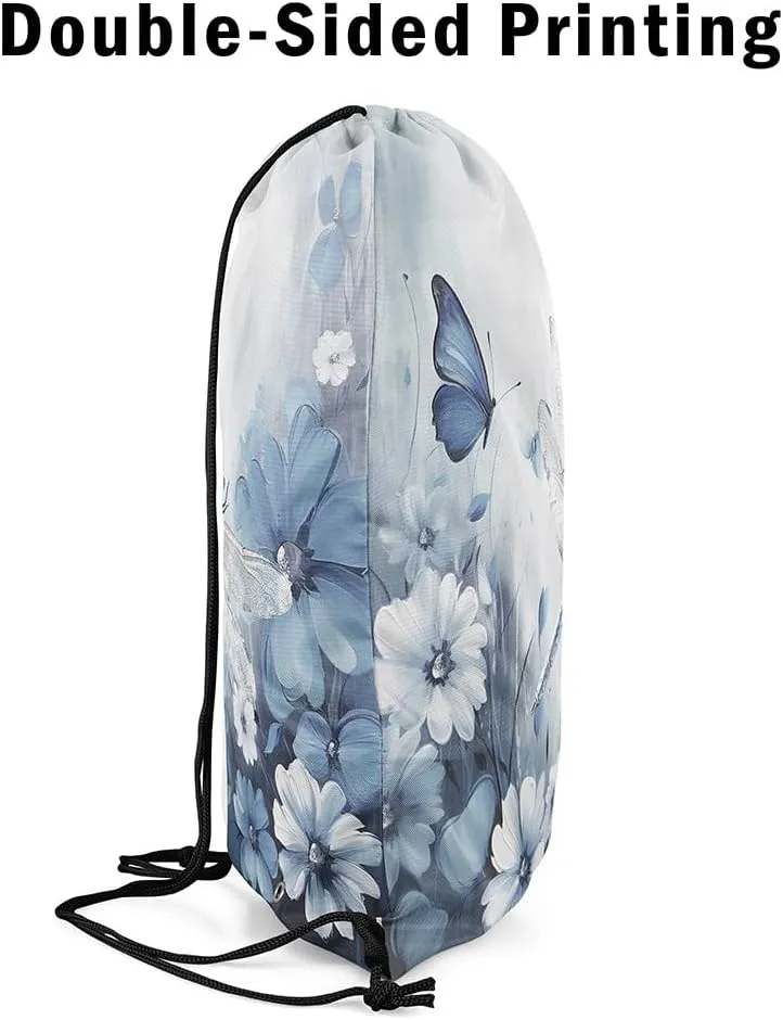 Erosebridal Dragonfly Drawstring Backpack 13x15.7, 3D Animals Flowers Draw String Back Bag, White Blue Insects Printed Reversible Waterproof Drawstring Bags For Swim Yoga, Butterflies String Backpack