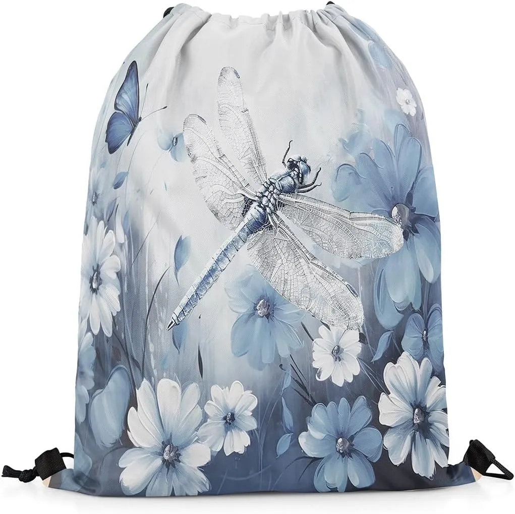 Erosebridal Dragonfly Drawstring Backpack 13x15.7, 3D Animals Flowers Draw String Back Bag, White Blue Insects Printed Reversible Waterproof Drawstring Bags For Swim Yoga, Butterflies String Backpack
