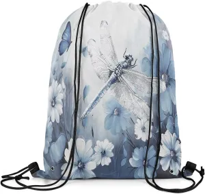 Erosebridal Dragonfly Drawstring Backpack 13x15.7, 3D Animals Flowers Draw String Back Bag, White Blue Insects Printed Reversible Waterproof Drawstring Bags For Swim Yoga, Butterflies String Backpack