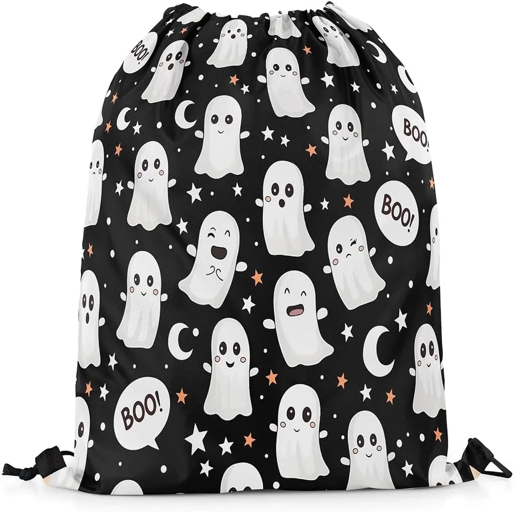 Erosebridal Halloween Ghost Drawstring Backpack 13X15.7 Gothic Halloween Drawstring Bags Cute Cartoon Ghost Draw String Back Bag Kawaii Stars Pattern String Backpack Halloween Decor