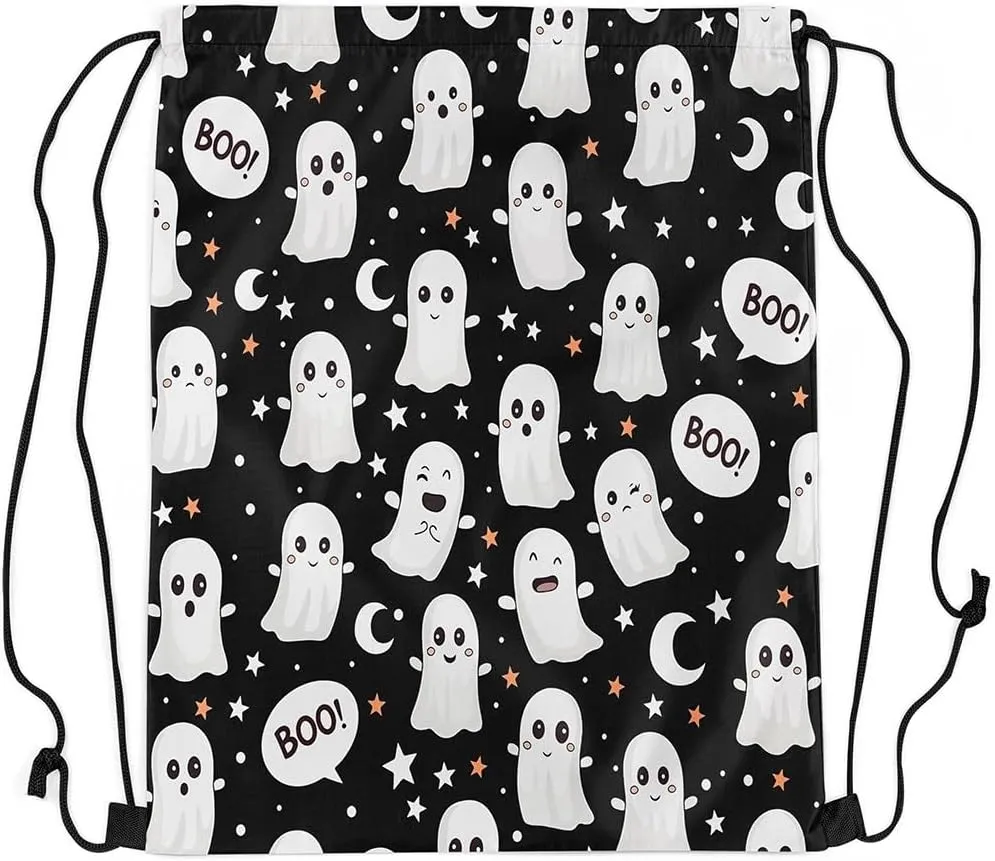 Erosebridal Halloween Ghost Drawstring Backpack 13X15.7 Gothic Halloween Drawstring Bags Cute Cartoon Ghost Draw String Back Bag Kawaii Stars Pattern String Backpack Halloween Decor