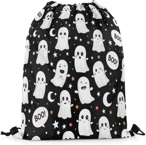 Erosebridal Halloween Ghost Drawstring Backpack 13X15.7 Gothic Halloween Drawstring Bags Cute Cartoon Ghost Draw String Back Bag Kawaii Stars Pattern String Backpack Halloween Decor