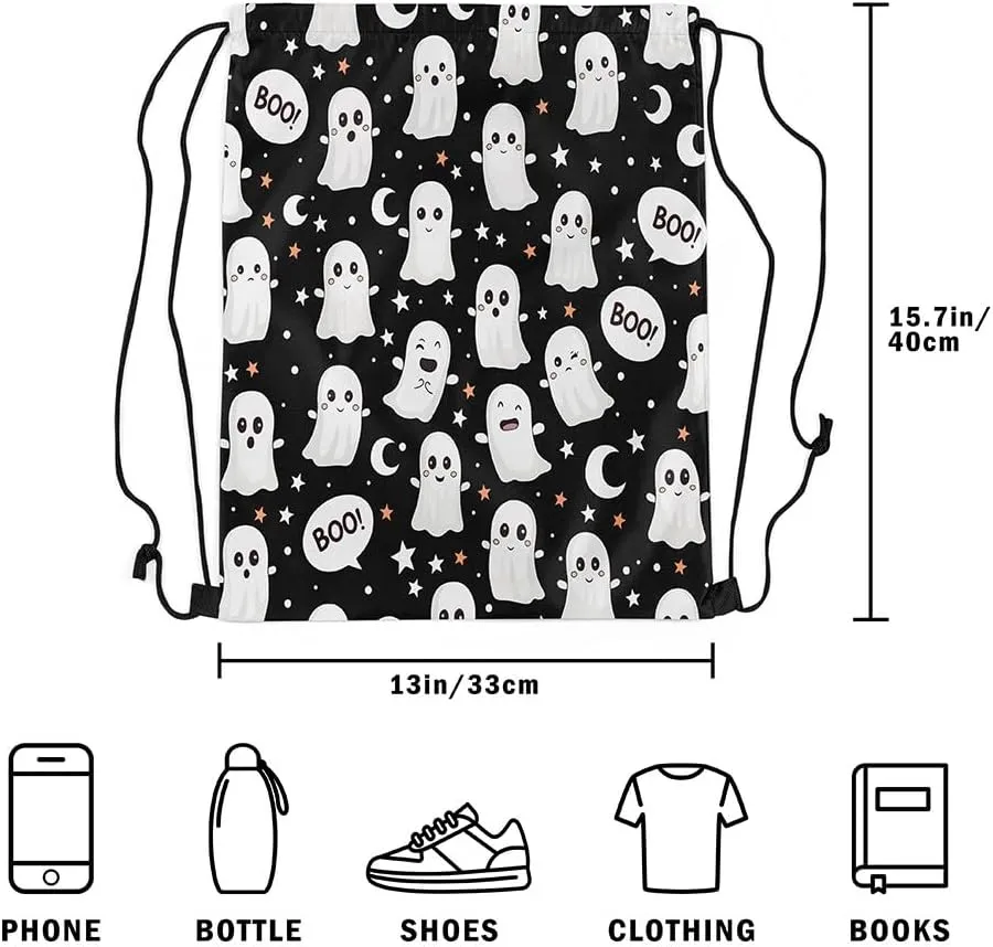 Erosebridal Halloween Ghost Drawstring Backpack 13X15.7 Gothic Halloween Drawstring Bags Cute Cartoon Ghost Draw String Back Bag Kawaii Stars Pattern String Backpack Halloween Decor