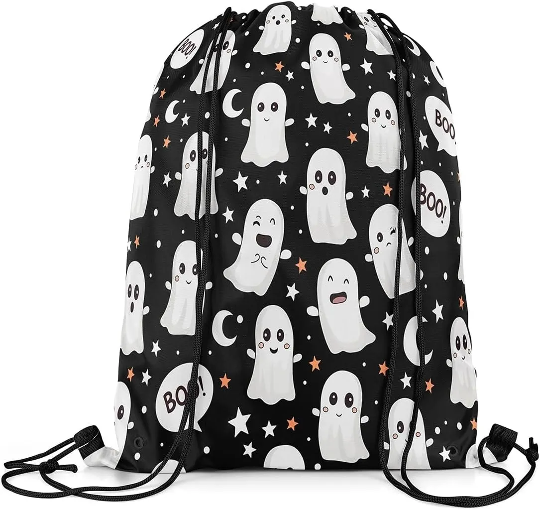 Erosebridal Halloween Ghost Drawstring Backpack 13X15.7 Gothic Halloween Drawstring Bags Cute Cartoon Ghost Draw String Back Bag Kawaii Stars Pattern String Backpack Halloween Decor