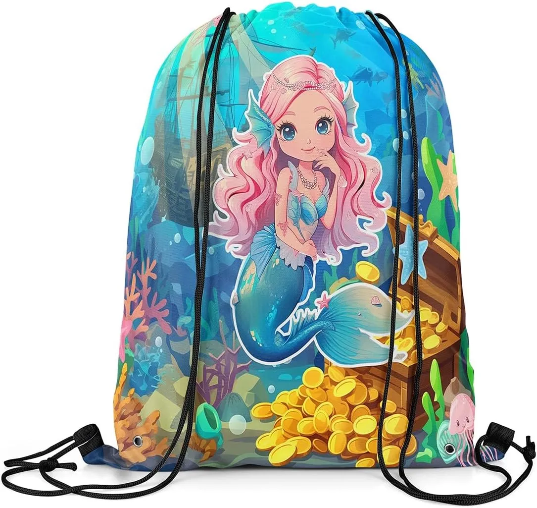 Erosebridal Mermaid Drawstring Backpack,Kawaii Mermaid Princess Draw String Back Bag,Coastal Marine Life Drawstring Bags,Underwater World String Backpack,Jellyfish Sailboat Cinch Bag 13x15.7