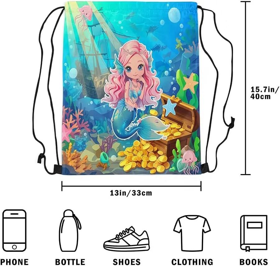 Erosebridal Mermaid Drawstring Backpack,Kawaii Mermaid Princess Draw String Back Bag,Coastal Marine Life Drawstring Bags,Underwater World String Backpack,Jellyfish Sailboat Cinch Bag 13x15.7