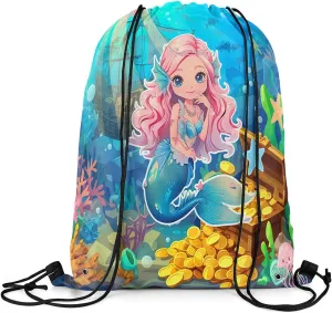Erosebridal Mermaid Drawstring Backpack,Kawaii Mermaid Princess Draw String Back Bag,Coastal Marine Life Drawstring Bags,Underwater World String Backpack,Jellyfish Sailboat Cinch Bag 13x15.7