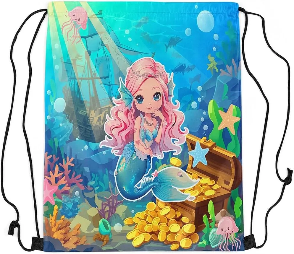 Erosebridal Mermaid Drawstring Backpack,Kawaii Mermaid Princess Draw String Back Bag,Coastal Marine Life Drawstring Bags,Underwater World String Backpack,Jellyfish Sailboat Cinch Bag 13x15.7