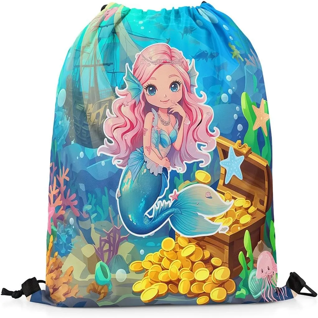 Erosebridal Mermaid Drawstring Backpack,Kawaii Mermaid Princess Draw String Back Bag,Coastal Marine Life Drawstring Bags,Underwater World String Backpack,Jellyfish Sailboat Cinch Bag 13x15.7